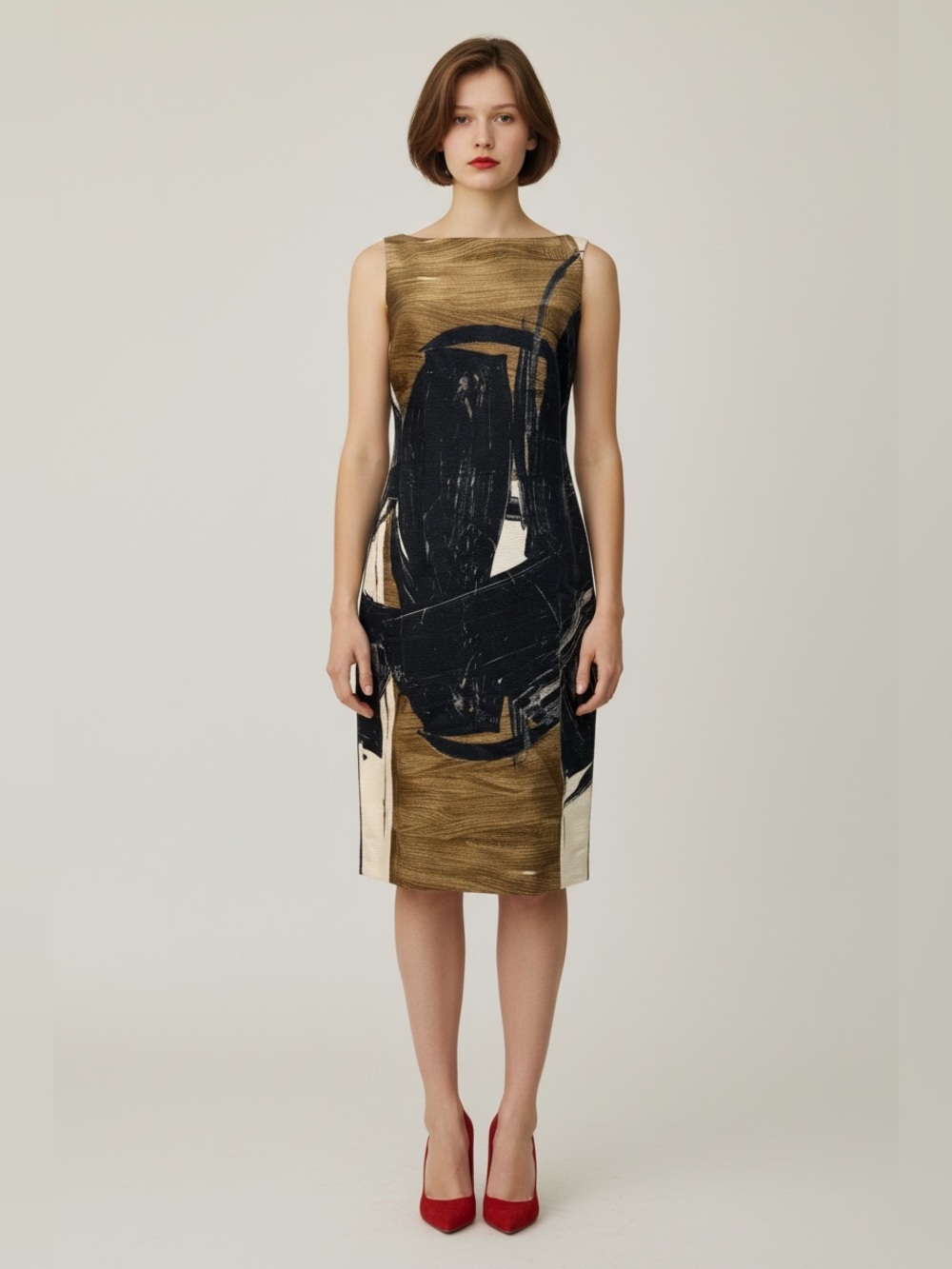 MaxMara Gold, Black and Cream Abstract Print Sheath Dress